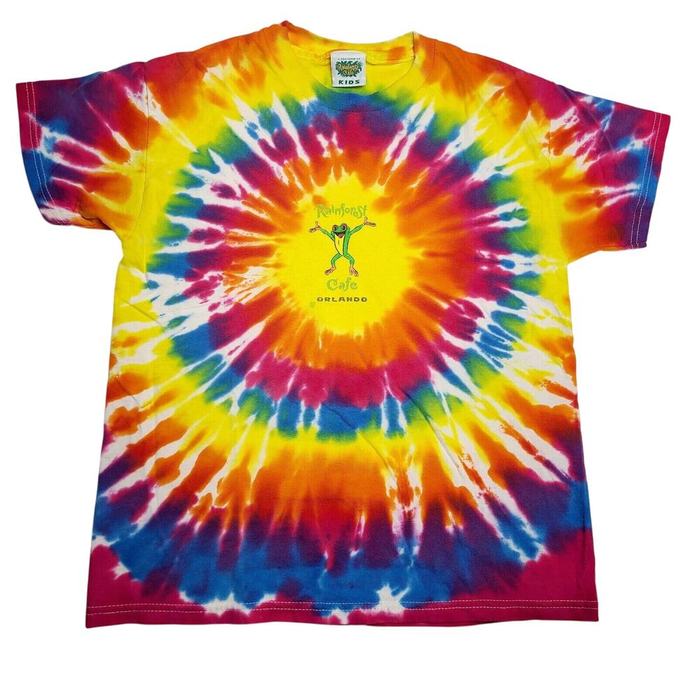 Vintage 90's Rainforest Cafe Kids Tie Dye Rainbow Frog T-Shirt Youth Size Medium